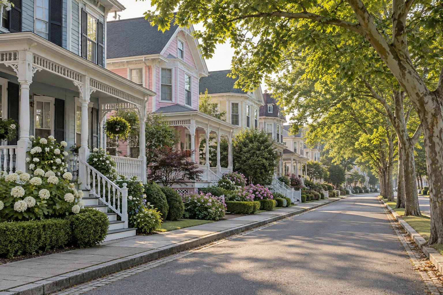 A quiet Jersey Shore street of Victorian homes, illustrative