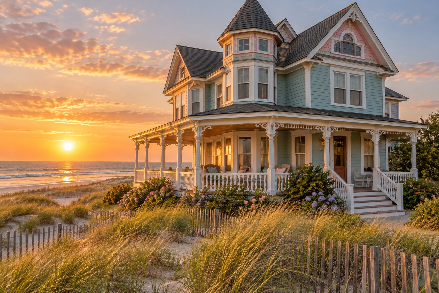 A Victorian seaside home with a wraparound porch at sunset on the Jersey Shore, illustrative