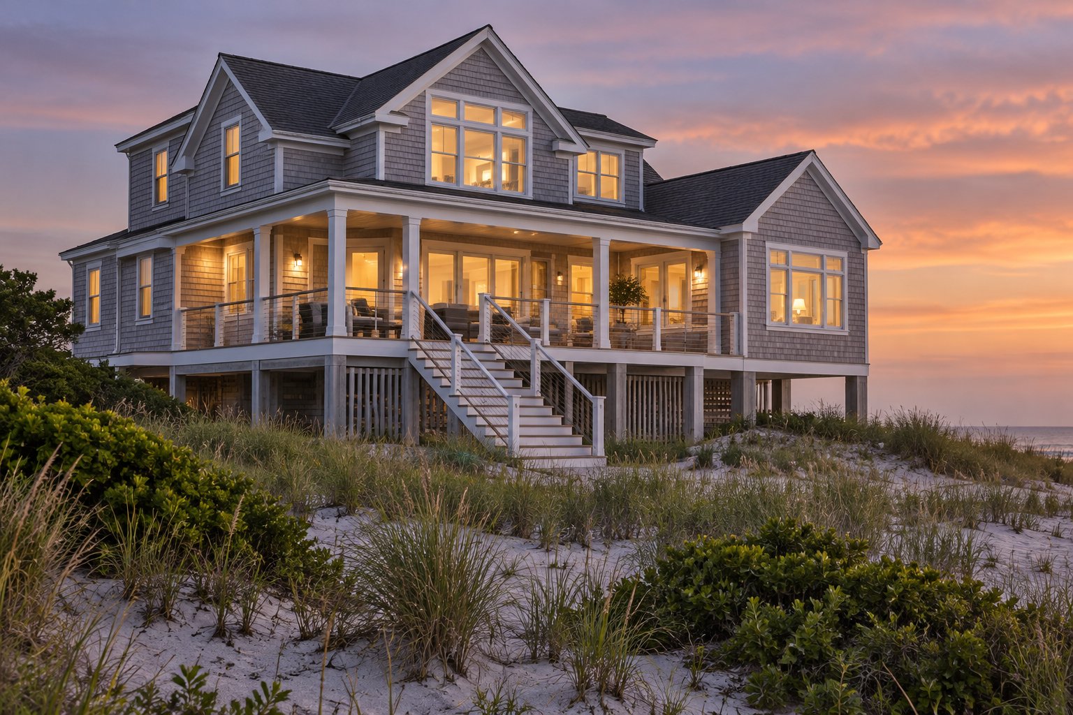 A Jersey Shore beach house at dusk, illustrative