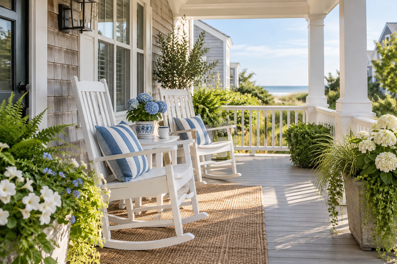 A cozy front porch of a shore cottage, illustrative